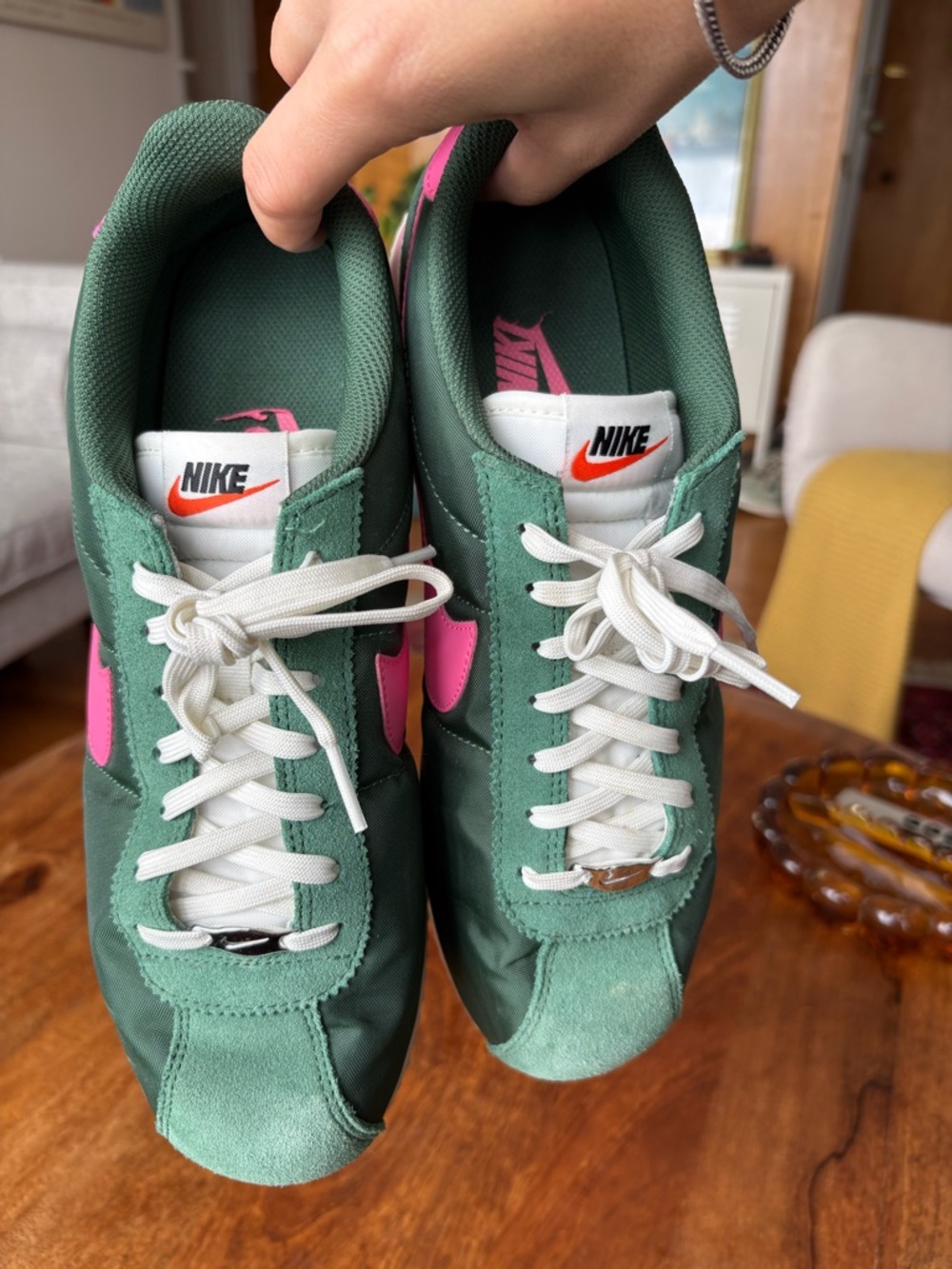 Nike Cortez Sneakers- Green with Pink Swoosh Accents